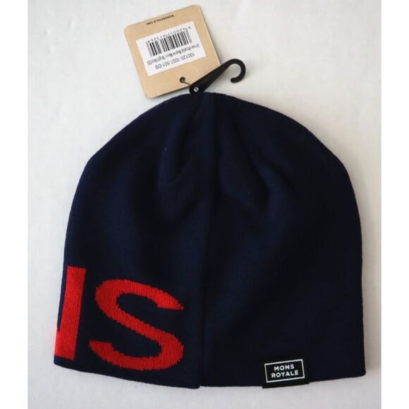 Mons Royale Unisex O/S Navy Blue/Bright Red Arcadia Merino Wool Beanie Hat - Picture 2 of 6
